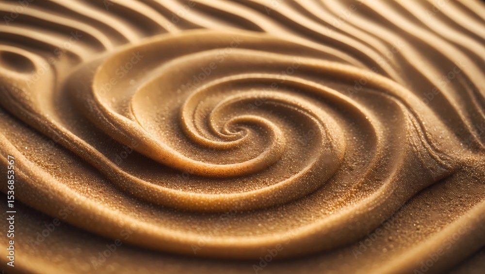 Poster intricate swirls of sand, a mesmerizing close-up of a spiral pattern etched in golden sand. the text