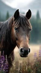 Obraz premium Majestic brown horse in a serene field surrounded by wildflowers during early morning light