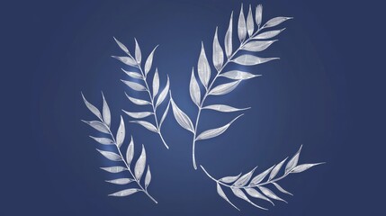 Minimalistic line art of with white and blue tropical leaves in golden line style