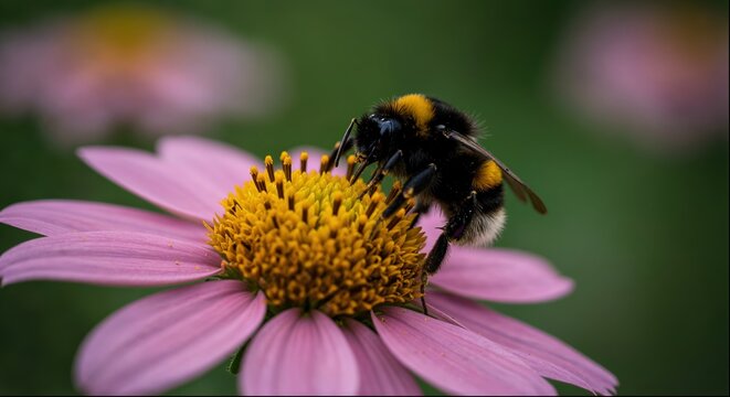 A vibrant bumblebee diligently collects nectar from a pink coneflower. 