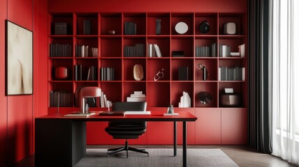 Red-toned home office with built-in bookshelves