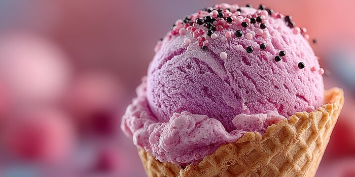Delicious pink ice cream served in a crispy cone topped with colorful sprinkles for a sweet treat on a sunny day