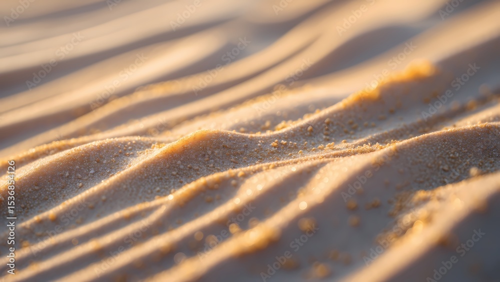 Poster close up of sandy surface with undulating patterns created by wind. The surface is illuminated by sunlight