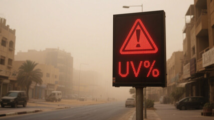 Urban street scene under dusty orange sky shows glowing UV index warning board amid Saharan dust haze