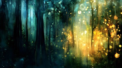 Enchanted Forest Painting, Magical Glowing Trees and Mystical Atmosphere