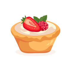 Vector illustration of a berry tartlet with cream, strawberries, raspberries, blueberries, and blackberries on a white background. Perfect for Chocolate Day, kids menu, bakery ads, decor, and seasonal