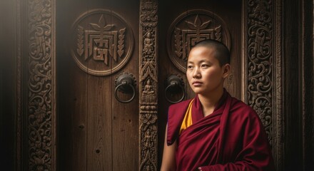 Obraz premium Asian young female monk in traditional robes standing before ornate wooden temple door