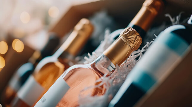 Celebration concept: Gourmet gift of assorted wine bottles in a craft box with shredded paper, perfect present for special occasion