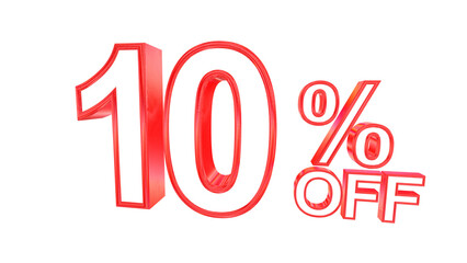 3d 10 percent off text with solid white and red metal outline effects isolated on a transparent background. 3d elements for graphic design.