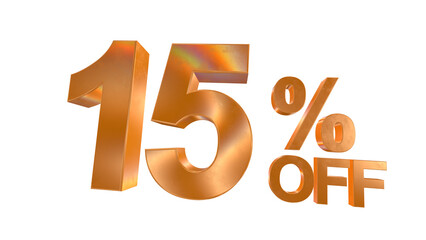 3d 15 percent off text with golden and rainbow effects isolated on a transparent background. 3d elements for graphic design.