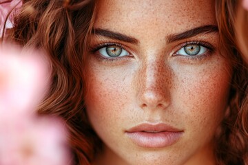 Fototapeta premium Commercial conceptual art. Stunning caucasian young woman surrounded by cherry blossoms. Spring mood, golden hour in sunset. Woman with spring flowers in vivid colors.