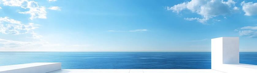 Fototapeta premium Tranquil Blue Ocean Horizon Under a Clear Sky with Soft Clouds 