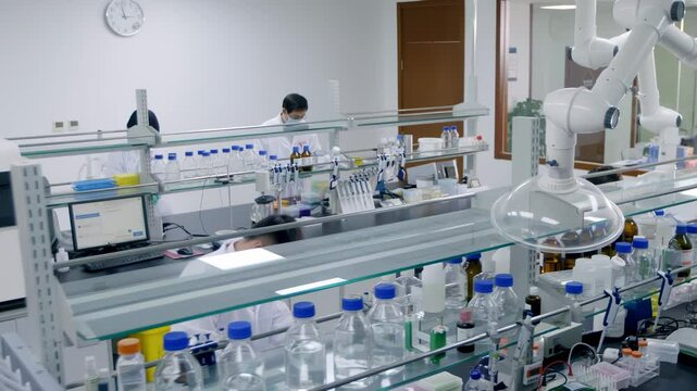 Scientist team conducting biological experiment on Cell culture essay with high tech, test tubes, chemical liquid. Forensic exam in lab, innovation in medicine for detection of antibodies, infections