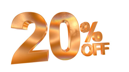 3d 20 percent off text with golden and rainbow effects isolated on a transparent background. 3d elements for graphic design.