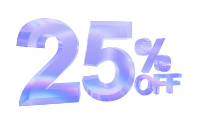 3d glass 25 percent off text with aberration effect isolated on a transparent background. Blue tone. 3d elements for graphic design.
