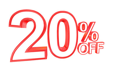 3d 20 percent off text with solid white and red metal outline effects isolated on a transparent background. 3d elements for graphic design.