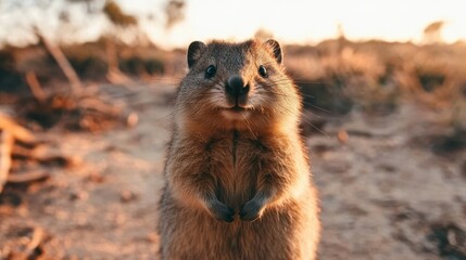 Fototapeta premium A fuzzy quokka stands on dry earth, lit by golden hour light with a blurred backdrop