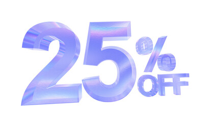 3d glass 25 percent off text with aberration effect isolated on a transparent background. Blue tone. 3d elements for graphic design.