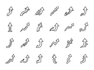 Upward Arrow Icon Bundle in Silhouettes Style on White Background – Growth, Progress, Success, and Trend Direction Symbols in Line Art