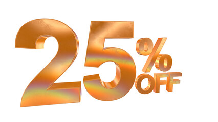 3d 25 percent off text with golden and rainbow effects isolated on a transparent background. 3d elements for graphic design.