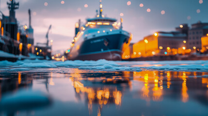Obraz premium Icy Harbor Twilight: A commercial vessel rests in a harbor at twilight, with reflections of city light dancing on the icy water surface