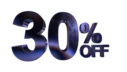 3d 30 percent off text with dark blue metal and rainbow effects isolated on a transparent background. 3d elements for graphic design.