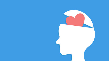 White human head with open top and a red heart inside on a blue background, symbolizing the concept of thinking with the heart