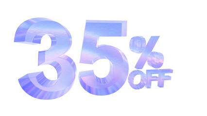 3d glass 35 percent off text with aberration effect isolated on a transparent background. Blue tone. 3d elements for graphic design.