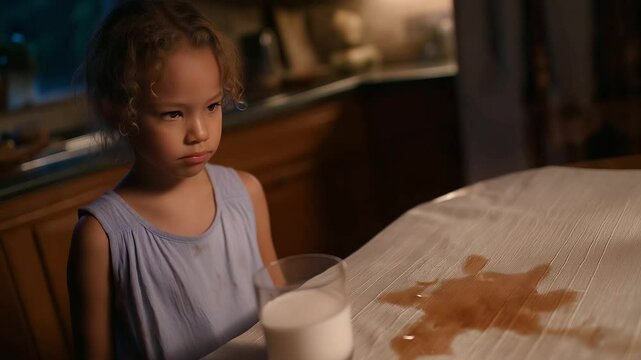 A child accidentally spills a drink on a tablecloth