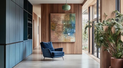 Modern hallway with rich tones.  Dark blue cabinetry, a plush blue armchair, and a large abstract painting on a light-brown wooden wall.  Floor is light-colored hardwood. 