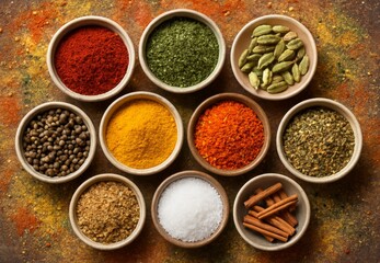 Colorful Assortment of Spices in Bowls on Rustic Surface
