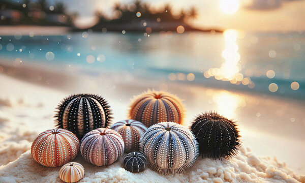 Naturfarbene Seeigel an einem Strand in der Sonne