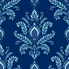 Blue damask vector seamless pattern. Vintage, paisley elements. Traditional, Turkish motifs. Great for fabric and textile, wallpaper, packaging or any desired idea.