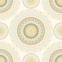 Beige, green and white seamless pattern with mandala ornament. Traditional Arabic, Indian motifs. Great for fabric and textile, wallpaper, packaging or any desired idea.