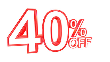 3d 40 percent off text with solid white and red metal outline effects isolated on a transparent background. 3d elements for graphic design.