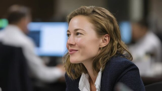 Smiling Woman with Blonde Hair at Office Desk Looking to the Side