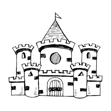 Medieval castle doodle cartoon hand-drawn, fantasy children's book element.