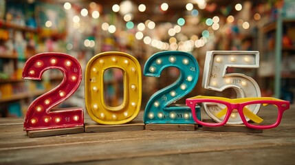 New Yearâ€™s clock with wacky party glasses on glowing white blur, 2025 countdown, trendy celebration concept