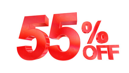 3d 55 percent off text with dark red metal and rainbow effects isolated on a transparent background. 3d elements for graphic design.