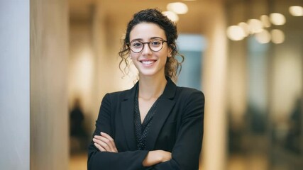 Smiling Latino Businesswoman with Curly Hair in a Modern Office - Powered by Adobe