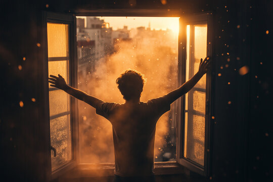 Man opens a window to sing passionately to the city during a vibrant sunset