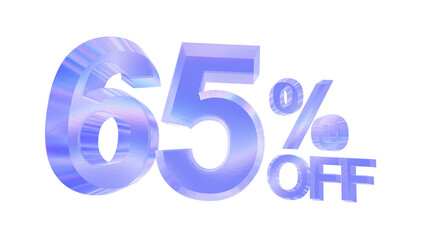 3d glass 65 percent off text with aberration effect isolated on a transparent background. Blue tone. 3d elements for graphic design.