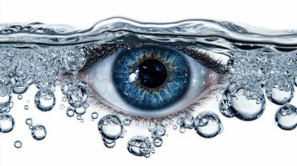 Surreal Macro: A blue human eye with droplets, submerged just below surface, evoking emotions, print for cosmetics advertising.