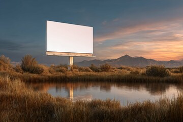 Blank billboard mockup in serene wetland landscape at golden hour with mountain backdrop - perfect template for advertising, marketing campaigns, and outdoor media designs