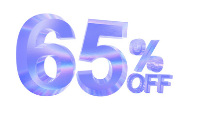 3d glass 65 percent off text with aberration effect isolated on a transparent background. Blue tone. 3d elements for graphic design.