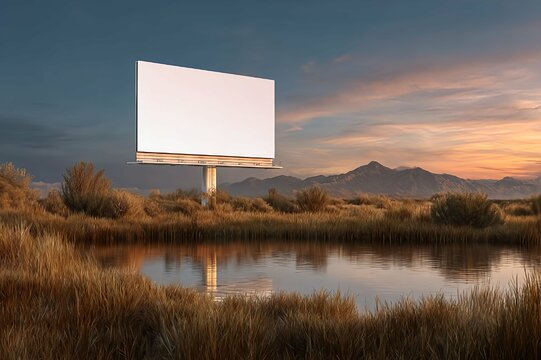 Blank billboard mockup in serene wetland landscape at golden hour with mountain backdrop - perfect template for advertising, marketing campaigns, and outdoor media designs