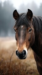 Obraz premium Close-up of a horse in a misty field during early morning light in a serene rural landscape