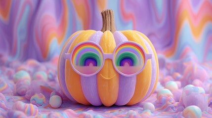 Goofy Halloween pumpkin with oversized rainbow glasses on trippy white backdrop, spooky fun, viral meme style