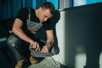 An electrician meticulously works on electrical wiring using tools in a modern interior...
