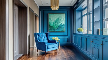 Cobalt blue hallway with plush armchair